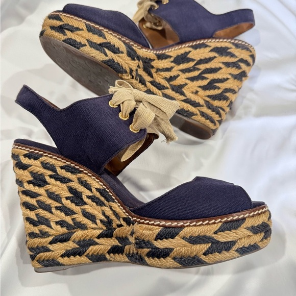 Tory Burch Shoes - Tory Burch Navy and Tan Espadrille Wedges